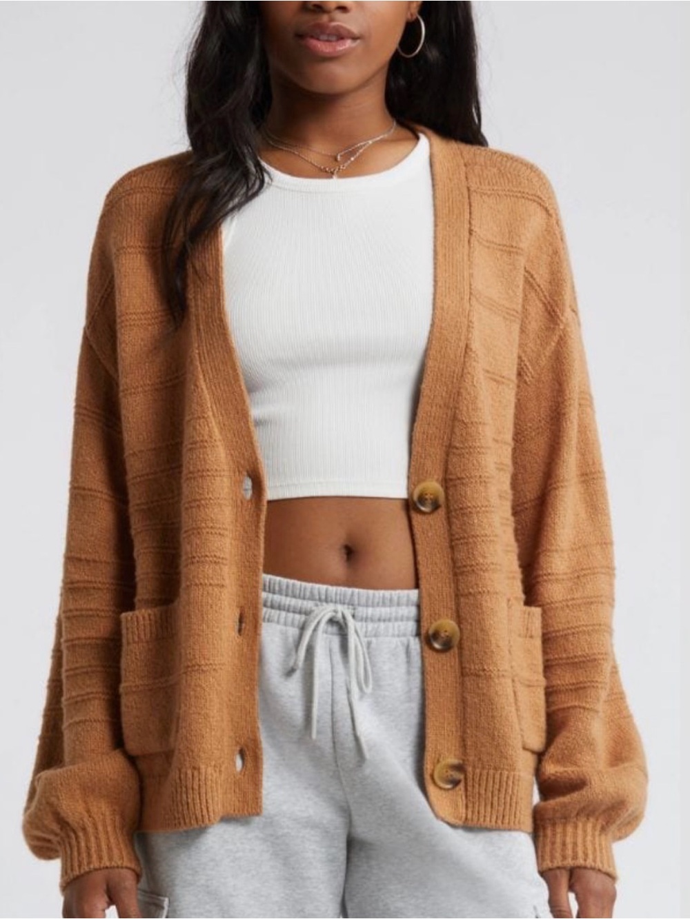 BP. Easy Everyday Cardi V-Neck Cardigan Tan Thrush Cotton Blend Oversized Medium